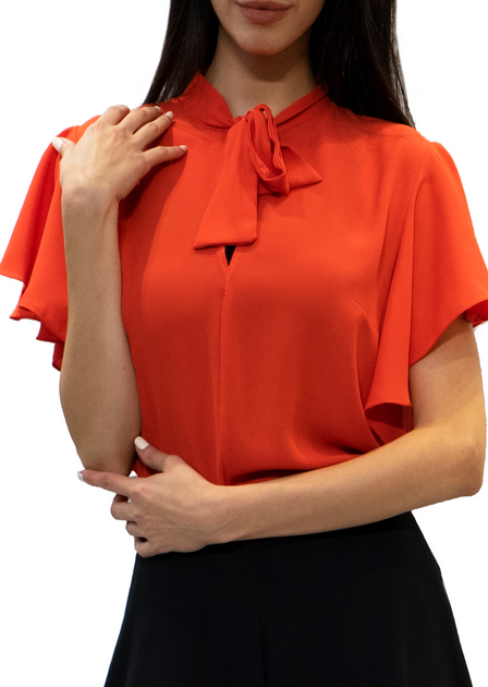 Tie-Neck Blouse with Flared Short Sleeve Design