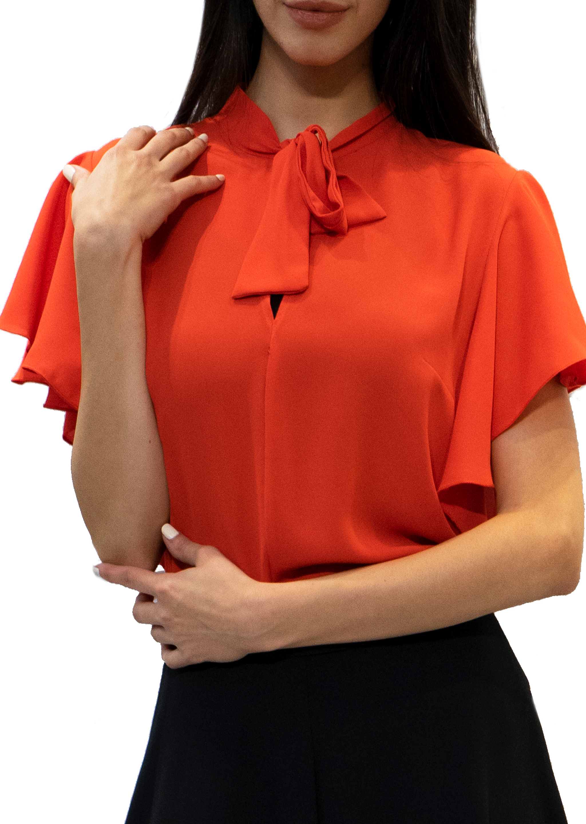 Tie-Neck Blouse with Flared Short Sleeve Design